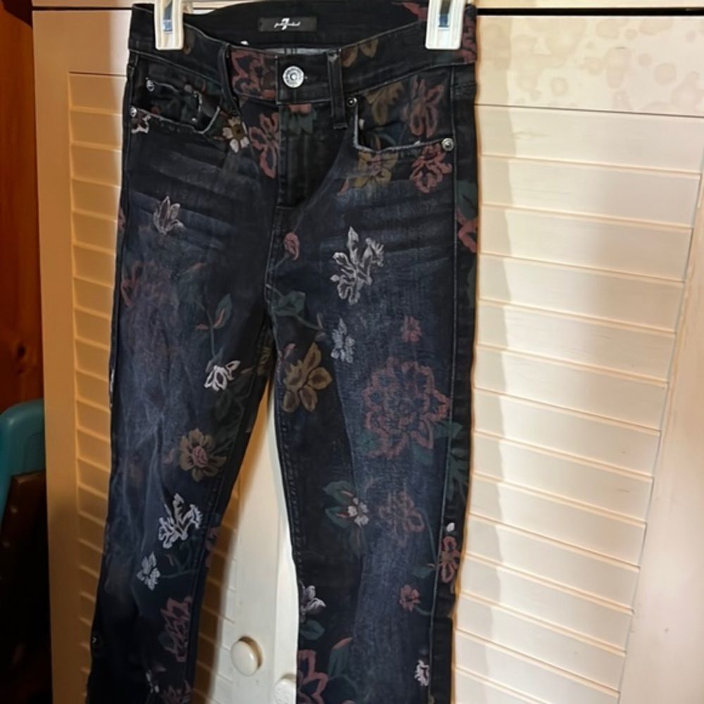 7 For All Mankind Dark Rinse Roxanne Ankle Raw Hem Floral Skinny Jeans 26